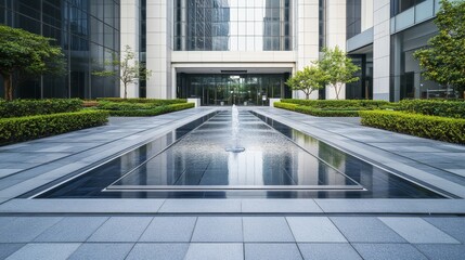 Fototapeta premium A modern courtyard featuring a water fountain and landscaped greenery.