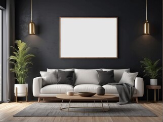 mock up poster frame in modern interior background, wooden office, Black wall