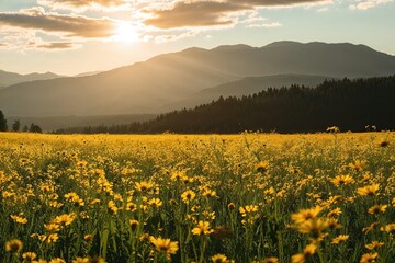 Stunning Bright Meadow Landscape Silhouette Under Sunny Sky