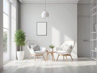 mock up modern interior with white chair in living room, Scandinavian style with empty wall, Crisp White wall