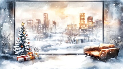 modern glass-walled living space with sleek christmas tree: perfect poster for chic interiors showcasing a panoramic snowy cityscape