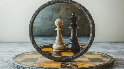 Strategic chess pieces displayed within a circular cutout setting