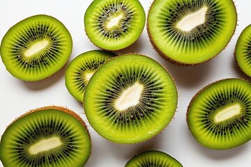 Fototapeta premium Kiwi Slices Gliding on White Background