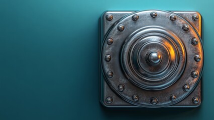 Rustic metallic safe door with rivets against a blue wall