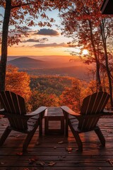Fototapeta premium Autumn Sunset Mountain View from a Wooden Deck