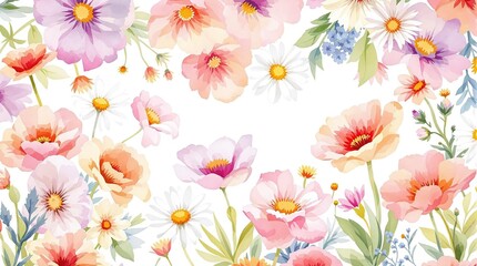 Cheerful watercolor daisies and poppies in a repeating pattern, decoration, fabric, flowers, wrapping, print