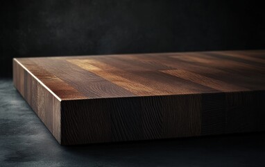 A high-resolution, photorealistic depiction of a wooden table on a dark background, with rich dark gray and brown tones
