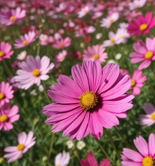 Obraz premium Close-up of a pink cosmos flower in a field of colorful blooms, summer, flora