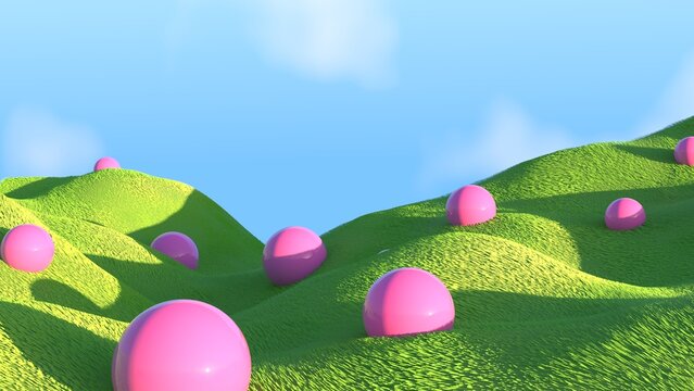 liminal dreamscape fantasy grass field abstract pink spheres 3d illustration. Mysterious introspection surrealist space, peaceful loneliness contemporary art