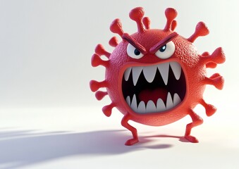 Naklejka premium Angry Cartoon Virus 3D Render Infectious Disease Microbiology Illness Health Pandemic Epidemic