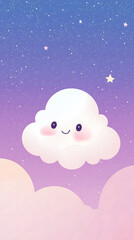 Cute smiling cloud with large round eyes and pink cheeks, floating against a starry sky with a gradient of purple and pink hues, charming and friendly.