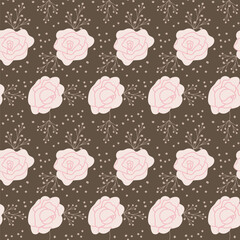 Seamless pink rose pattern on brown background.