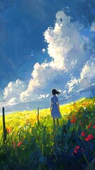 A girl in a blue dress contemplates a vibrant yellow and red flower field under a dramatic sky.