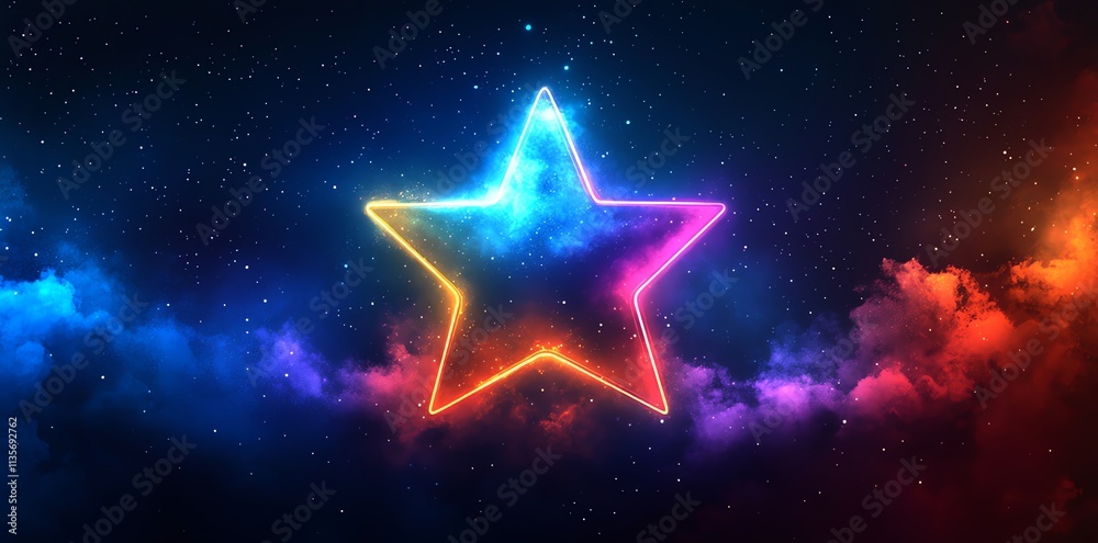 Poster a glowing star surrounded by colorful cosmic clouds and a starry background.