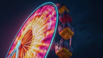 A colorful Ferris wheel lit up against a dark night sky, spinning slowly at a carnival.