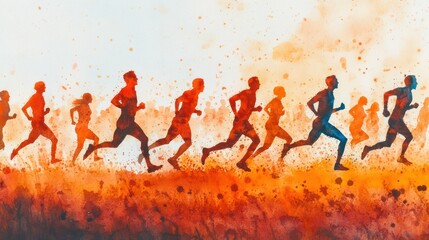 Watercolor painting of runners in a marathon.