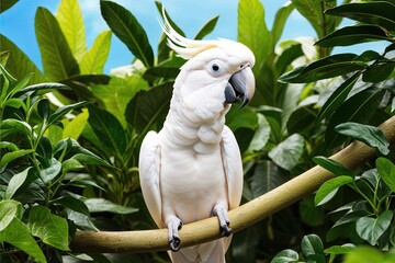 Engaging Illustration of a Curious White Cockatoo Surrounded by Lush Green Foliage for Avian Education and Birdwatching Promotion