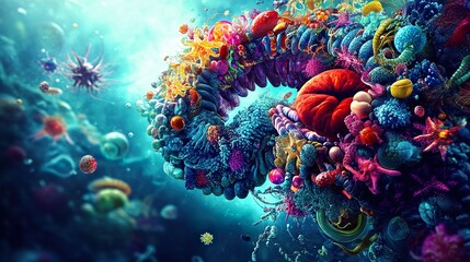Obraz premium Microscopic Ocean: A vibrant journey into the colorful world of cells and organisms.