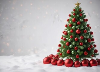 Festive Christmas tree made of green and red ornaments on snowy background, ornaments, green, festive