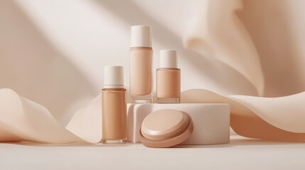 Bottles of makeup foundation and cushion,Collection of skin foundation bottles in different shades and samples on color background,makeup essentials,Cushion Foundation liquid and swatche,copy space.