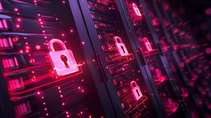 Digital cybersecurity concept with glowing padlock icons floating over a server room filled with rows of LED-lit data racks. web development software engineering cybersecurity	