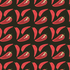 Seamless red chili pepper pattern on black background.