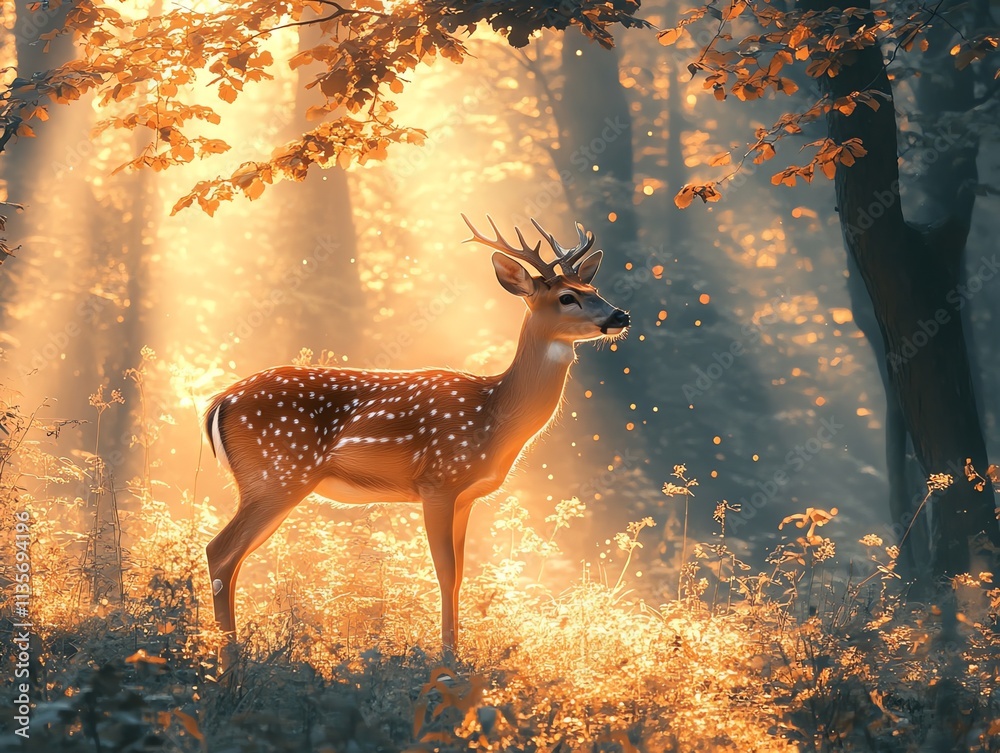 Poster a serene deer stands amidst golden sunlight filtering through forest trees.