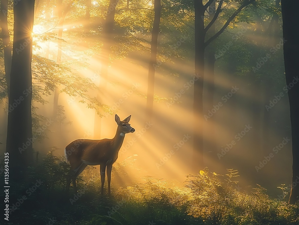 Poster a serene deer stands in a misty forest, illuminated by soft rays of sunlight.