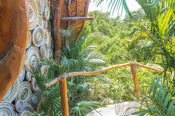 Circular palm decorative tropical elements and plants close up