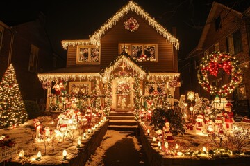 A house lavishly decorated with Christmas lights, figurines, and wreaths. Perfect for holiday greeting cards, websites, or festive advertisements.