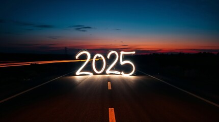 long exposure photograph of the text "2025" written on an asphalt road during sunset.