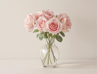 Obraz premium Pastel pink roses in a vase on a soft background, flower arrangements, pink flowers, roses, floral wreath, pastel colors