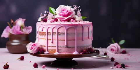 Naklejka premium Pink Layered Cake with Roses and Decoration