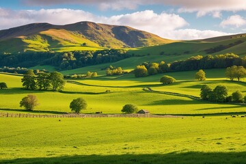 Obraz premium Lush Green Landscape with Sunny Fields and Picturesque Terrain