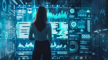 Big data analytics with AI technology. Data analyst analyzing and visualizing complex information network with artificial intelligence. Machine learning algorithm for business analytics and finance.