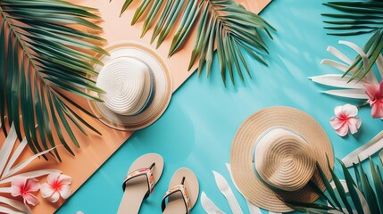 A flat lay of summer essentials on a blue and peach background.