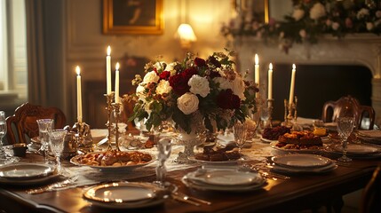 Romantic Dinner Setting: Elegant Table Decor with Candles and Flowers