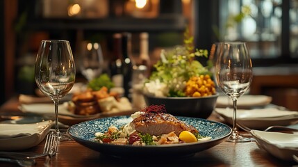 Fototapeta premium Delicious Grilled Salmon Dinner at Upscale Restaurant