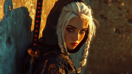 Fototapeta premium A ninja princess with white hair tied in a braid under a hood. He leaned against the stone wall, the warm light of the setting sun background wallpaper AI generated image