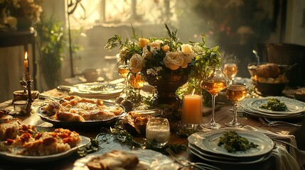 Fototapeta premium Rustic Candlelit Dinner: A Delicious & Cozy Meal