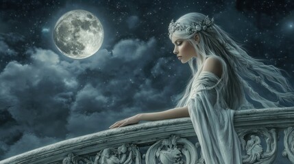Obraz premium The moon queen whose face was beautiful under the light of the full moon. She stood on the palace balcony background wallpaper AI generated image