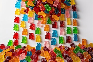 Vibrant Gummy Bears Falling Against a Bright White Background