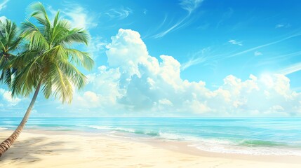 Fototapeta premium A tropical beach with palm trees under a blue sky with white clouds.