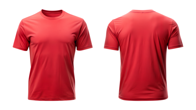 red blank t shirt template from two sides isolated on transparent white background, clipping path