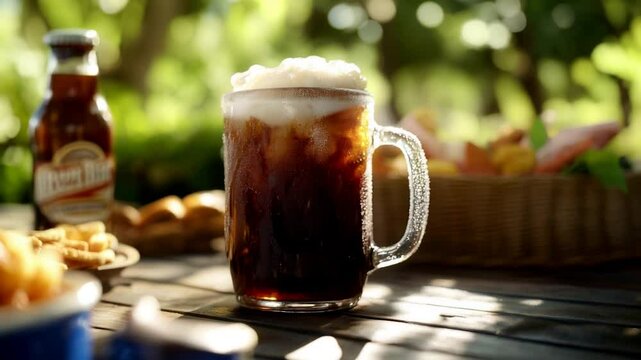 Frosty root beer served in a glass mug with a foamy top, surrounded by picnic snacks and natural summer light. Video made using Generative AI