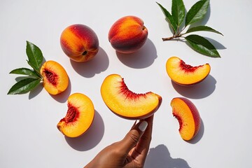 Fresh Peach Wedge Floating in Air on Clean White Background
