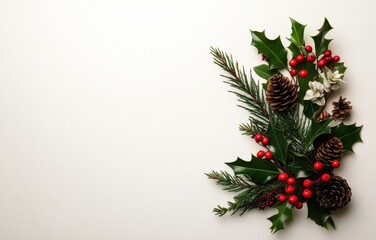 A beautifully arranged collection of pine cones, holly, and winter berries, perfect for adding a festive touch to any holiday decor. Ideal for Christmas celebrations and seasonal decorations.