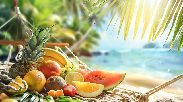 Fresh fruit on a hammock on a tropical beach.