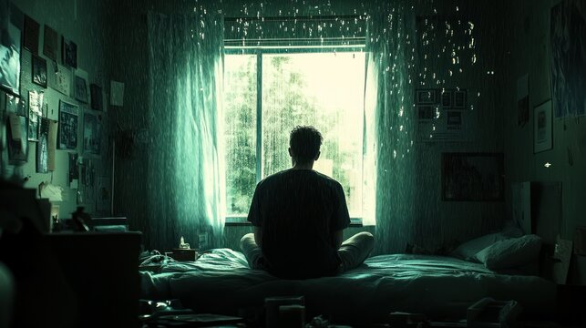 A man sits on his bed in a room surrounded by scattered mementos background wallpaper AI generated image