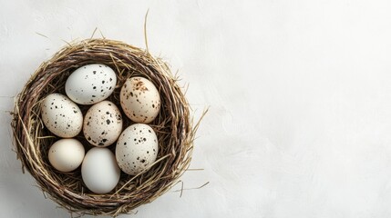 A rustic basket filled with fresh chicken eggs, isolated on a white background with natural straw lining